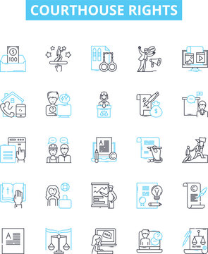 Courthouse rights vector line icons set. Lawyer, Garnishment, Due, Process, Courtroom, Liability, Equity illustration outline concept symbols and signs
