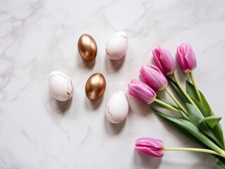 Golden Easter Eggs and Elegant Pink Tulip Flowers on a white marble background. Copyspace. Generative AI art