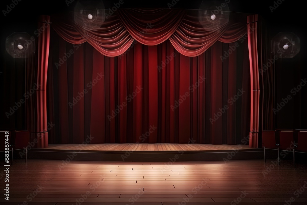 Poster blank stage with shining flash light and red curtain background. generative ai