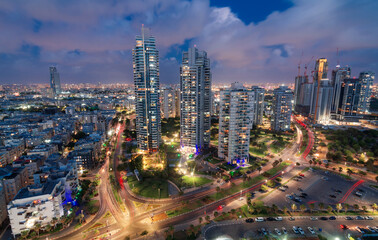 Fototapeta na wymiar Bat Yam, Tel Aviv - Israel suburb, night aerial panorama. Modern skyscrapers