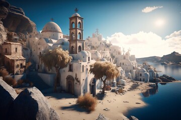 Village island with white architecture. Generative AI