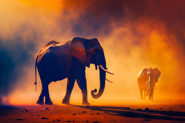 Fototapeta na wymiar Elephants on epic-dust-storm at sunrise. Generative AI