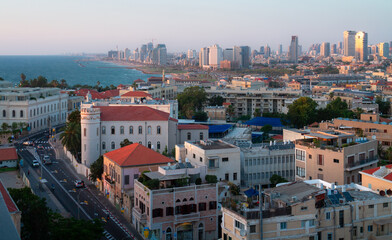 Tel Aviv and Jaffa city panorama, aerial view, historic buildings and sea