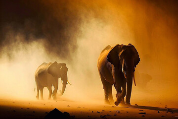 Fototapeta na wymiar African elephants herd at sunrise. Generative AI