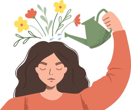 Woman watering plants that symbolize happy thoughts