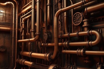 Fototapeta premium A steampunk illustration with gears, pipes, lights and steam. Generative AI