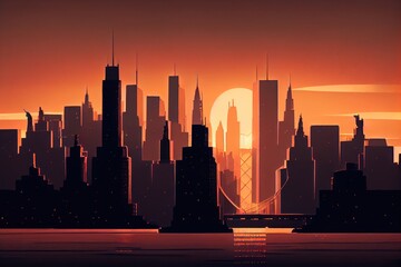 Obraz na płótnie Canvas city skyline at dusk, with the setting sun casting a warm glow, created with generative ai