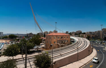Chords Bridge in Jerusalem. Modern bridge for tram rails and pedestrians