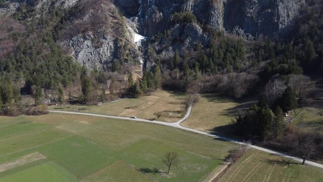 Aerial view over the landscape leading to one of the highest waterfalls in France, the Arpenaz waterfall in the north of Sallanches