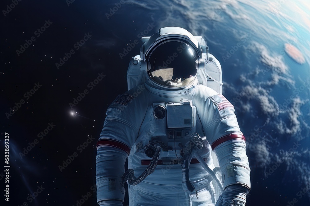 Poster lunar astronaut with earth in view, celebrating space day. created with ai generative technology