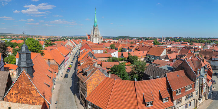 View from Raven Tower across the Old Town towards Church of St. Mary, Muhlhausen, Thuringia, Germany