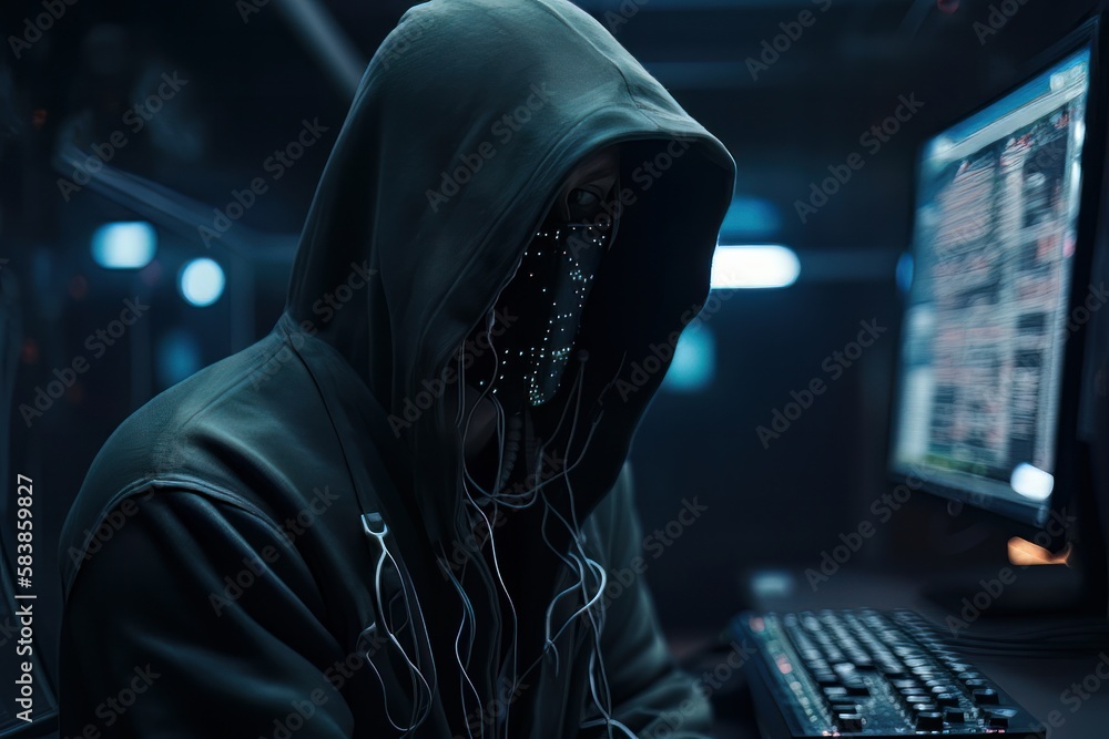 Poster Anonymous angry hacker in a hood near big lcd display generative ai
