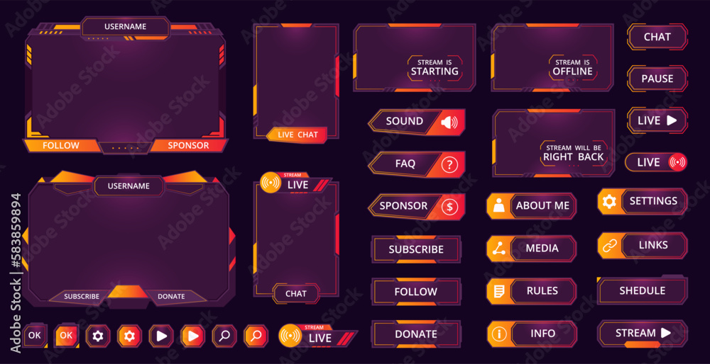 Wall mural gamers stream screen frames. graphic game streaming interface, mmo game menu, garish frames, bars an