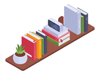 Isometric bookshelf vector background. Home interior bookshelves or library room, book stack on wooden bookcase 3d vector illustration