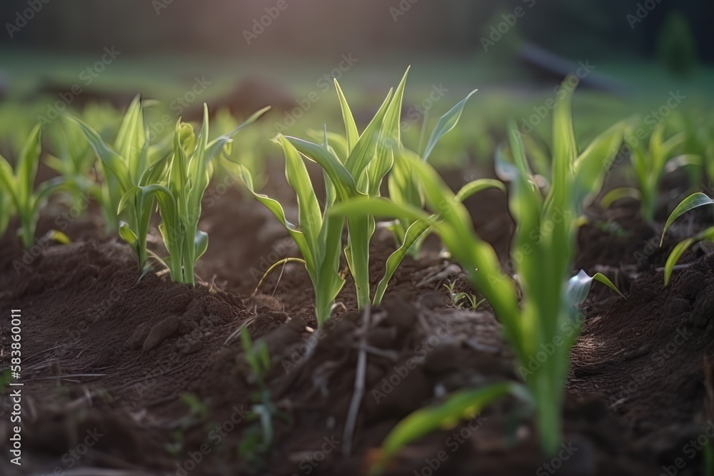 Wall mural a field in spring with fresh green sprouts in soft focus. generative ai