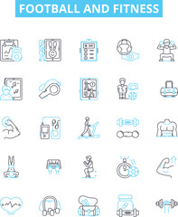 Football and fitness vector line icons set. Football, Fitness, Training, Practice, Running, Agility, Coaching illustration outline concept symbols and signs
