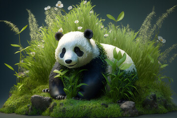 Obraz na płótnie Canvas Alta realistic forest spawning pandas with grass with Generative AI technology