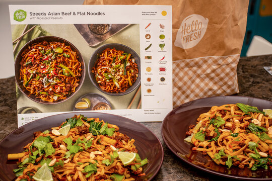 Sydney, Australia 2020-05-16 Hello Fresh meal kits: Speedy Asian beef and flat noodles prepared at home