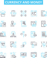 Currency and money vector line icons set. Currency, Money, Forex, Exchange, Banking, Loans, Investment illustration outline concept symbols and signs