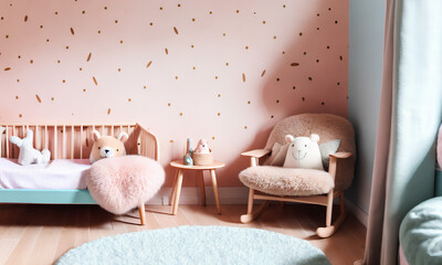 Pink interior with bed and armchair. Pink wall. Generative AI.