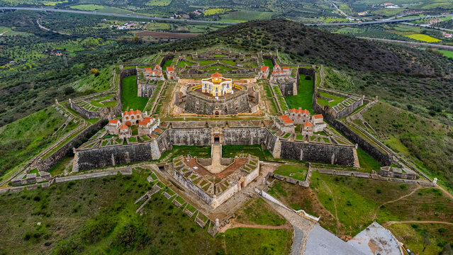 Aerial view of the Forte de Nossa Senhora da Graca, Elvas, UNESCO World Heritage Site, Alentejo, Portugal