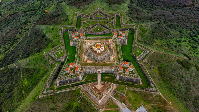 Aerial view of the Forte de Nossa Senhora da Graca, Elvas, UNESCO World Heritage Site, Alentejo, Portugal
