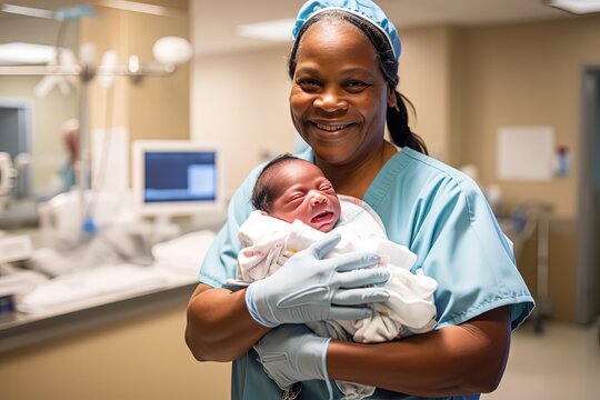a nurse holding new born infant baby at hospital, Generative Ai not real person