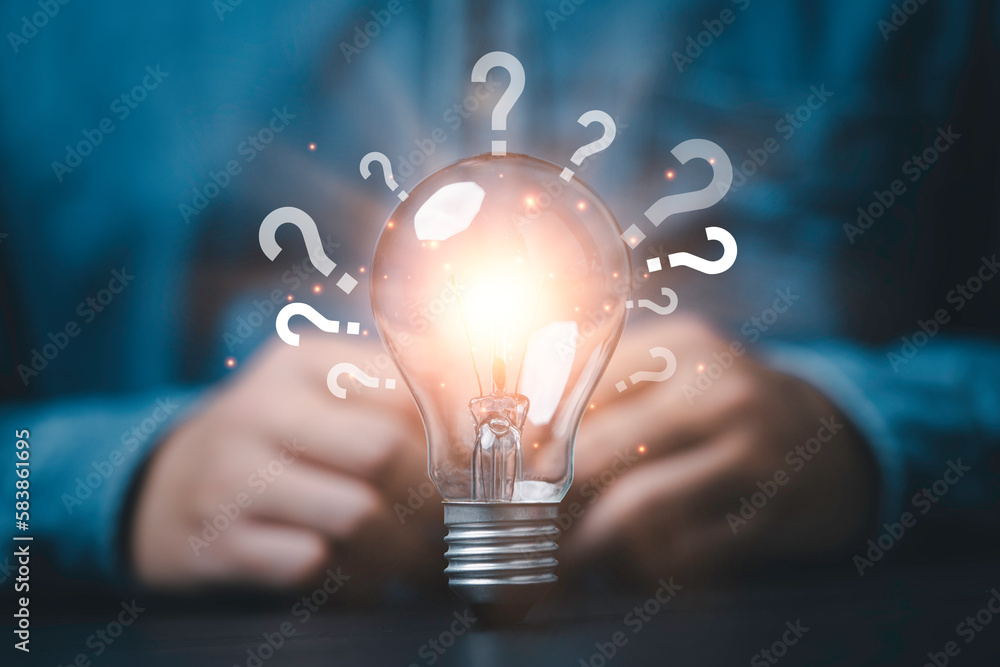 Poster glowing lightbulb and question mark with copy space for creative thinking idea and problem solving c