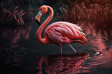 Pink beautiful flamingo bird relaxing on a lake in beautiful nature. Wild exotic wildlife fauna concept idea. Ai generated