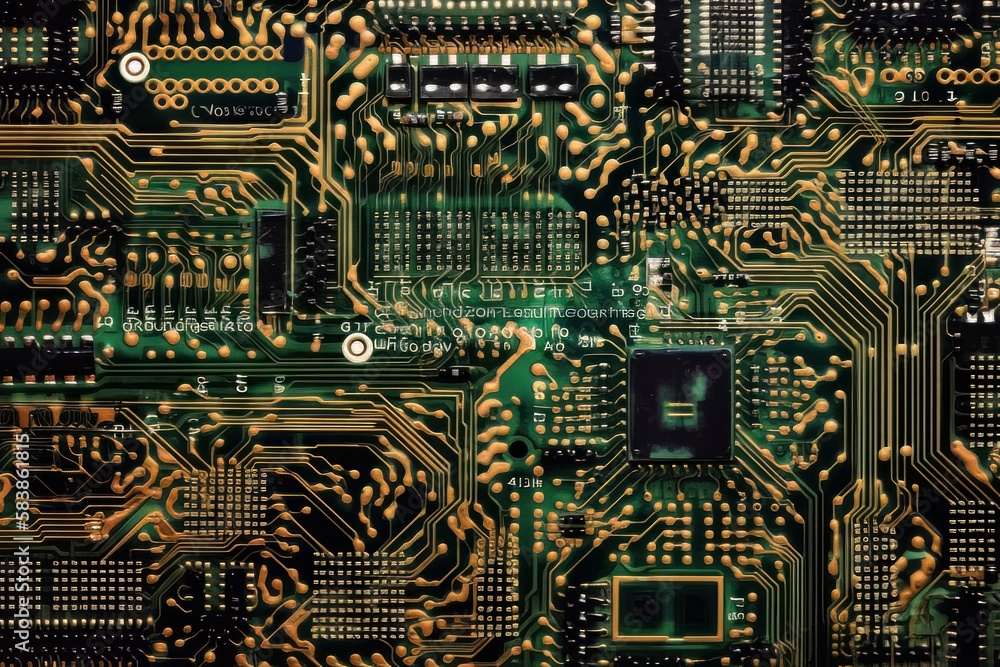 Poster Colorful Printed Circuit Board, Computer Motherboard Components: Microchips, CPU Processor, Transistors, Semiconductors. Top View Moving Macro Shot. Generative ai