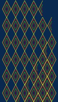 vertical video geometric shapes rhombuses, consisting of multi-colored animated lines on a dark blue background