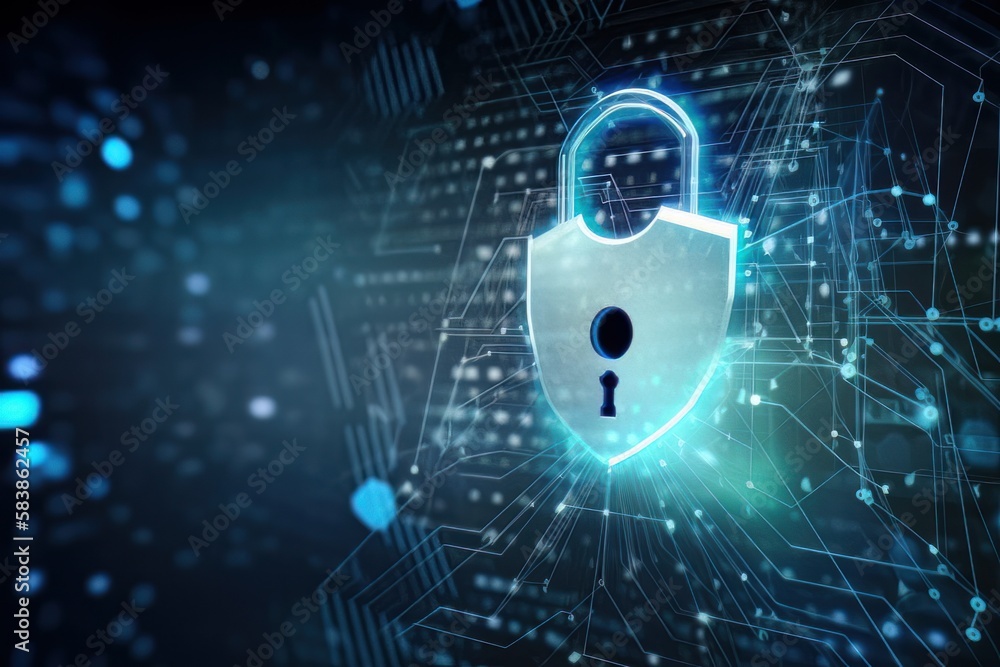 Poster cybersecurity concept, keylock in blue colors, binary code lock, ai generated