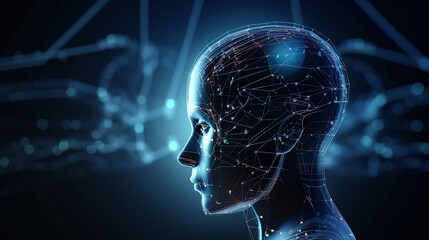 head with code background. face framed by a network of connected lines. generative ai.