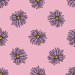 Seamless pattern with Aster alpinus on light pink background. Vector image.