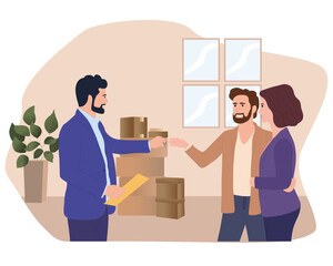 Real estate business concept. Tiny real estate agent or broker giving keys of the new house to a couple . buying house. Modern flat vector illustration. cartoon style.  