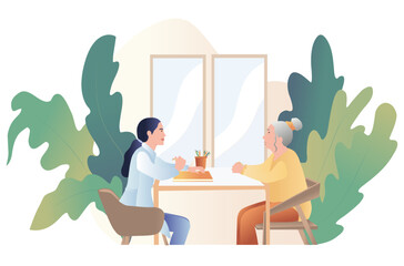 female doctors talking with patients on consultation. Visit. Modern clinic. Medical consultation.Diagnosis. Cartoon flat vector illustration. Doctor's appointment. Colored flat vector illustration 