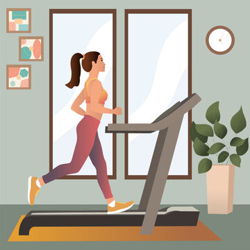 Girl running on motorized treadmill flat vector illustration. Sportive athletel on electric training machine cartoon character. Fitness club, gym tool. Sports at home.
