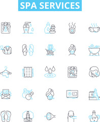 Spa services vector line icons set. Massage, Facial, Pedicure, Manicure, Waxing, Sauna, Scrubs illustration outline concept symbols and signs