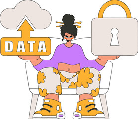 Girl holding cloud data safe with padlock.