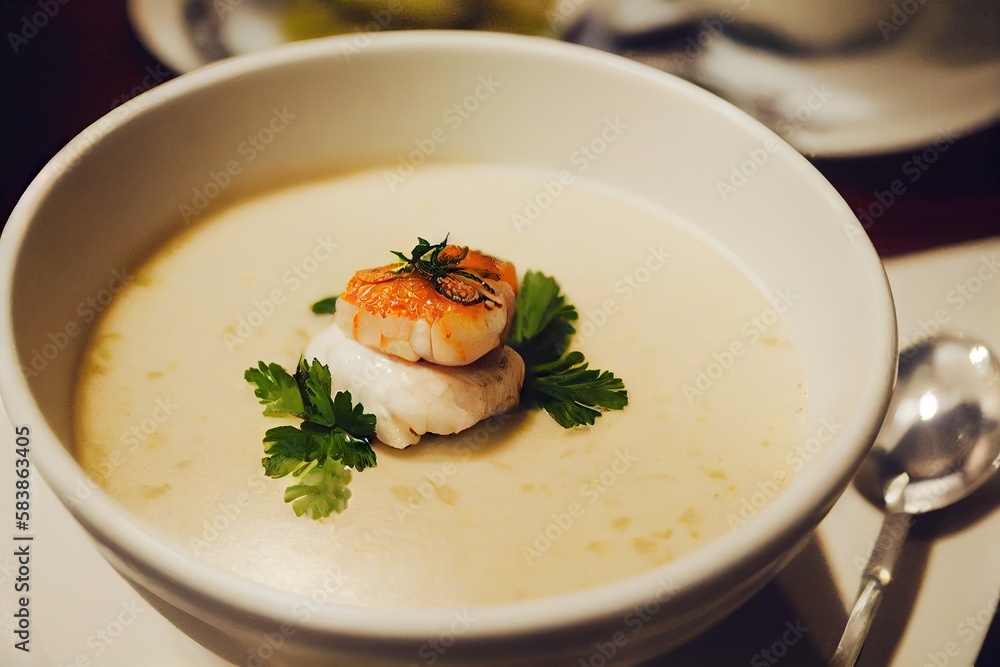 Poster Delicate creamy seafood soup with mussels decorated with fried scallop and parsley, created with generative ai