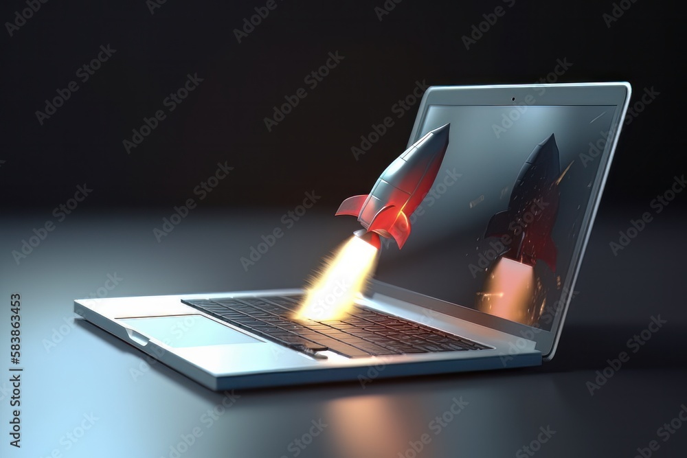 Poster rocket taking off from laptop screen on black background, startup concept, generative ai