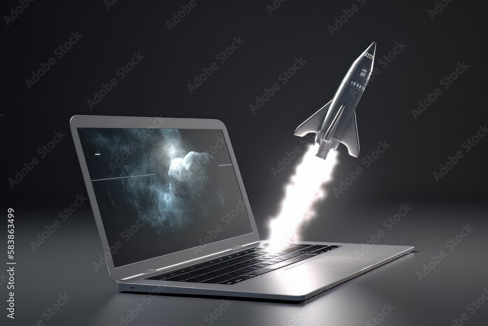 Poster rocket taking off from laptop screen on black background, startup concept, generative ai