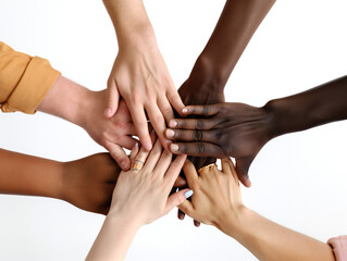 multiethnic hands together, teamwork and unity concept, white background, generative AI