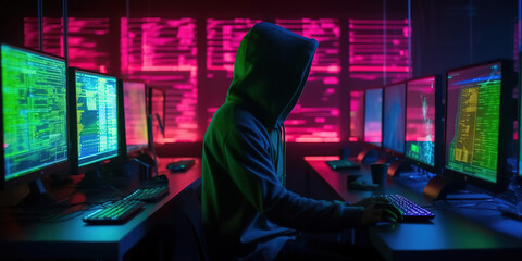 Hacker Surrounded by Neon Screens in a Dark Cryptic Setting. generative ai.