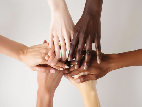 group of diverse hands, representing teamwork and collaboration, isolated on white, generative AI
