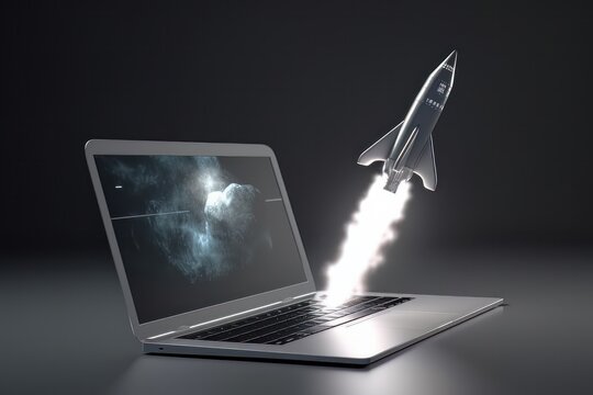 Rocket taking off from laptop screen on black background, startup concept, Generative AI