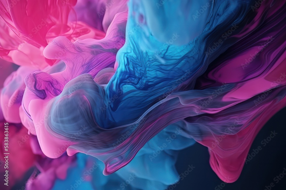 Poster dynamic blue and magenta color splash fine art in the dark background. generative ai