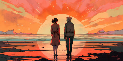 An Illustration of a Man and Woman Standing Together on a Beach at Sunset with Orange and Pink Tones in the Sky.  generative ai.
