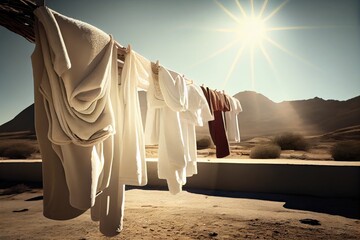 clothesline with towels and bathrobes hanging to dry in the sun, created with generative ai - obrazy, fototapety, plakaty