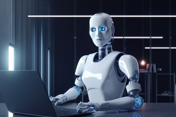 AI chatbot robot sitting at desk using computer. Generative AI